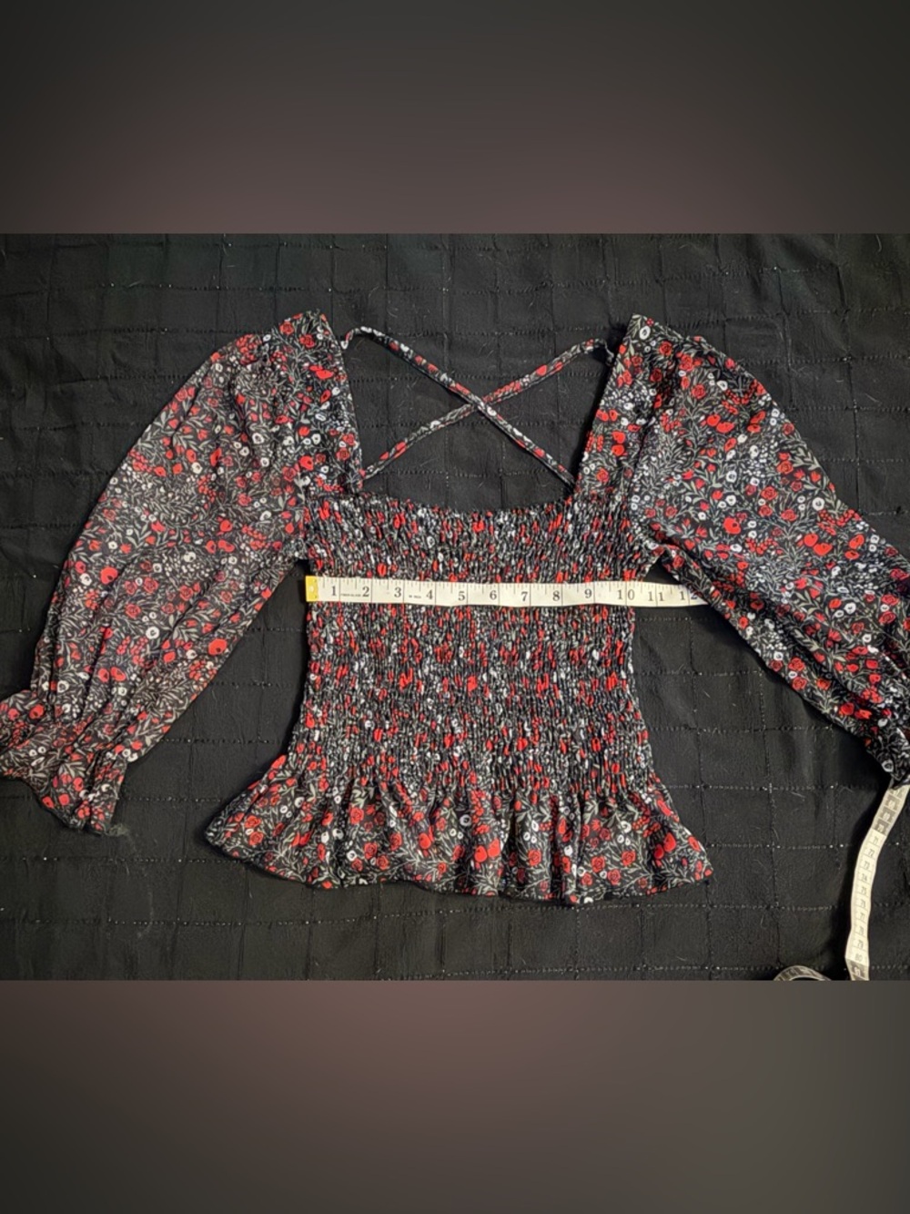 Topshop Black Floral Smocked Peplum Top with Red Accents